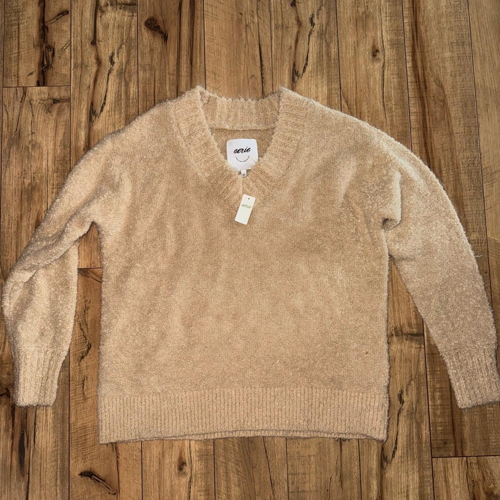 Tan boucle fuzzy aerie oversized sweater